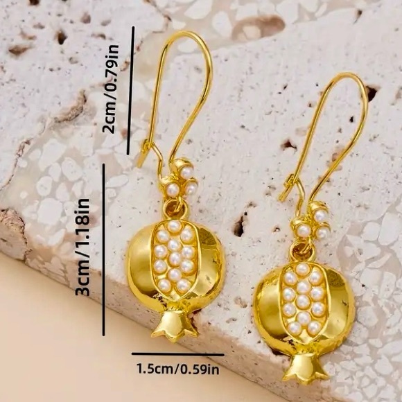 NEW Gold Pomegranate Earrings with White Pearls - Picture 2 of 4